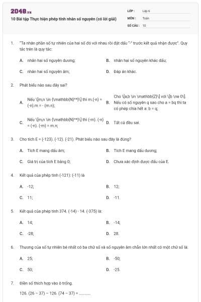 10 Bài tập Thực hiện phép tính nhân số nguyên (có lời giải)