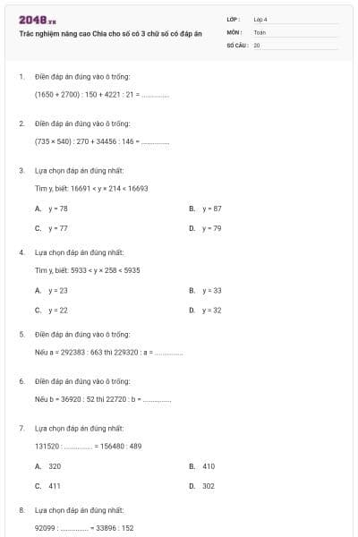 Trắc nghiệm nâng cao Chia cho số có 3 chữ số có đáp án