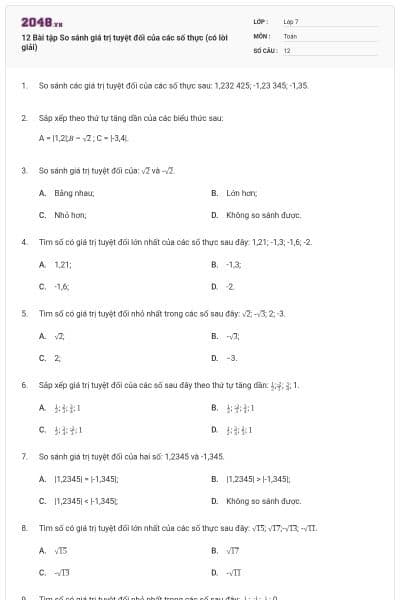 12 Bài tập So sánh giá trị tuyệt đối của các số thực (có lời giải)