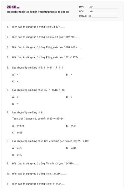 Trắc nghiệm Bài tập cơ bản Phép trừ phân số có đáp án