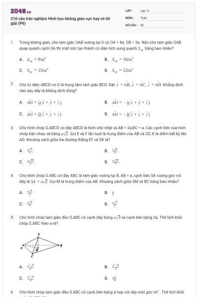 210 câu trắc nghiệm Hình học không gian cực hay có lời giải (P6)