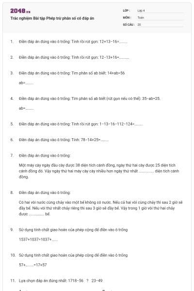 Trắc nghiệm Bài tập Phép trừ phân số có đáp án