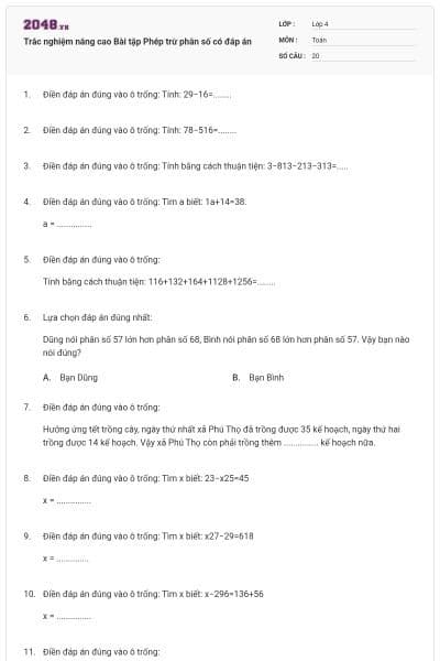 Trắc nghiệm nâng cao Bài tập Phép trừ phân số có đáp án