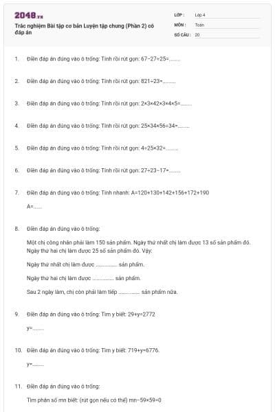 Trắc nghiệm Bài tập cơ bản Luyện tập chung (Phần 2) có đáp án