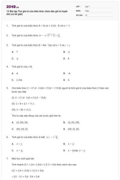12 Bài tập Tìm giá trị của biểu thức chứa dấu giá trị tuyệt đối (có lời giải)