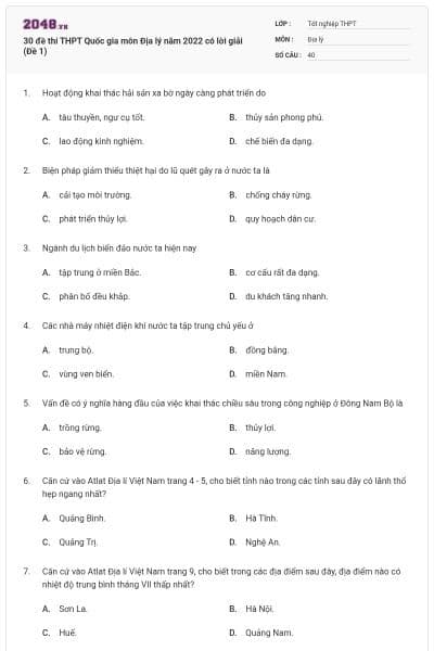 30 đề thi THPT Quốc gia môn Địa lý năm 2022 có lời giải (Đề 1)
