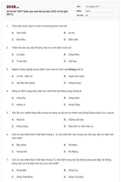 30 đề thi THPT Quốc gia môn Địa lý năm 2022 có lời giải (Đề 2)