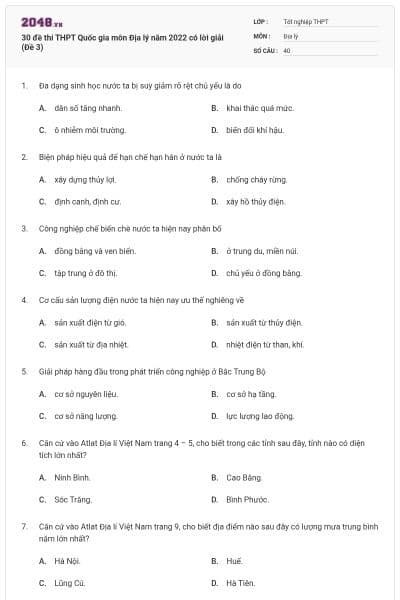 30 đề thi THPT Quốc gia môn Địa lý năm 2022 có lời giải (Đề 3)