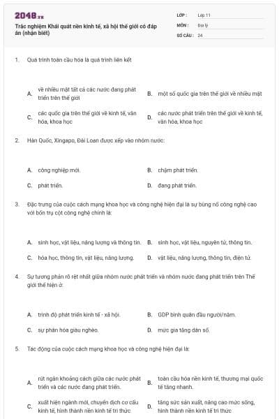 Trắc nghiệm Khái quát nền kinh tế, xã hội thế giới có đáp án (nhận biết)