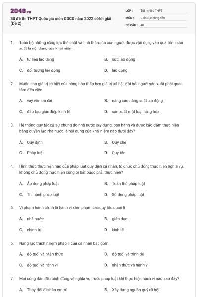 30 đề thi THPT Quốc gia môn GDCD năm 2022 có lời giải (Đề 2)