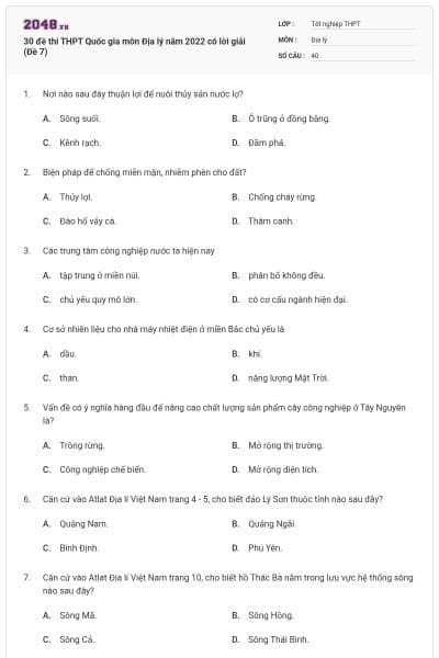30 đề thi THPT Quốc gia môn Địa lý năm 2022 có lời giải (Đề 7)