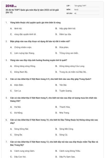 30 đề thi THPT Quốc gia môn Địa lý năm 2022 có lời giải (Đề 10)