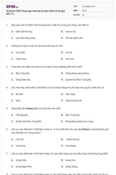 30 đề thi THPT Quốc gia môn Địa lý năm 2022 có lời giải (Đề 11)