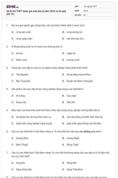 30 đề thi THPT Quốc gia môn Địa lý năm 2022 có lời giải (Đề 12)