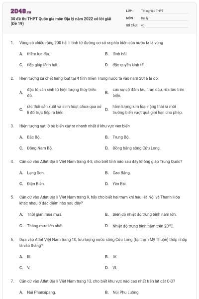 30 đề thi THPT Quốc gia môn Địa lý năm 2022 có lời giải (Đề 19)