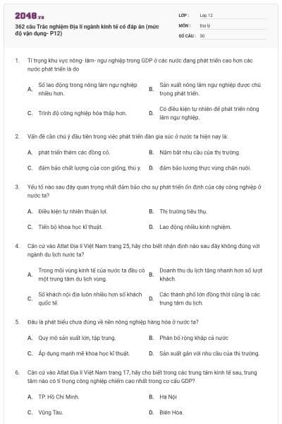 362 câu Trắc nghiệm Địa lí ngành kinh tế có đáp án (mức độ vận dụng- P12)