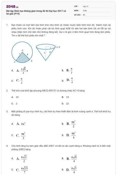 Bài tập Hình học không gian trong đề thi Đại học 2017 có lời giải (P19)
