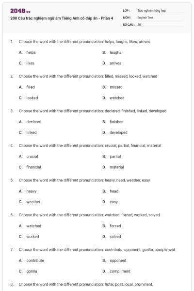 200 Câu trắc nghiệm ngữ âm Tiếng Anh có đáp án - Phần 4