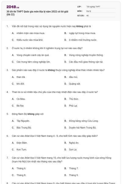 30 đề thi THPT Quốc gia môn Địa lý năm 2022 có lời giải (Đề 22)