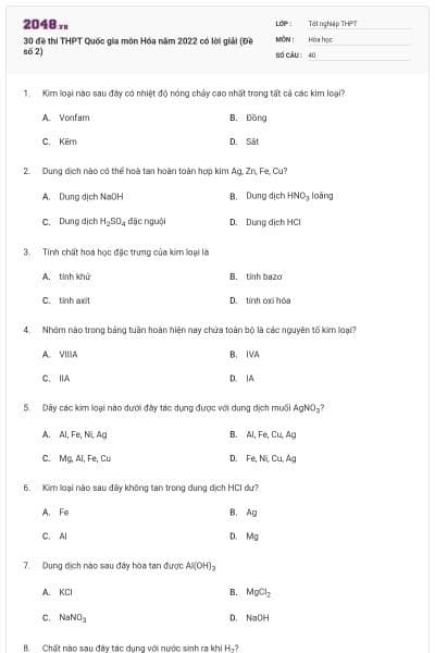 30 đề thi THPT Quốc gia môn Hóa năm 2022 có lời giải (Đề số 2)