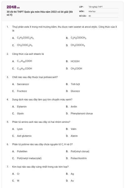 30 đề thi THPT Quốc gia môn Hóa năm 2022 có lời giải (Đề số 4)