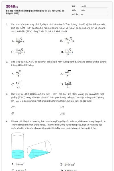 Bài tập Hình học không gian trong đề thi Đại học 2017 có lời giải (P20)