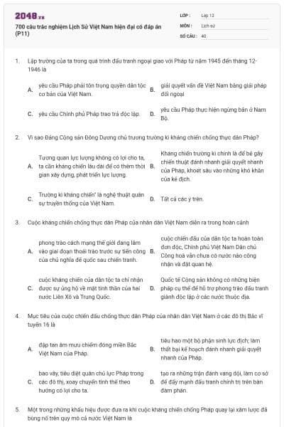 700 câu trắc nghiệm Lịch Sử Việt Nam hiện đại có đáp án (P11)