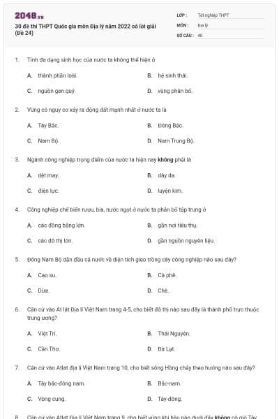30 đề thi THPT Quốc gia môn Địa lý năm 2022 có lời giải (Đề 24)
