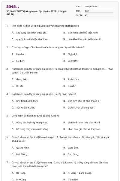 30 đề thi THPT Quốc gia môn Địa lý năm 2022 có lời giải (Đề 26)