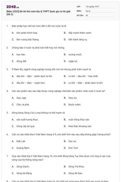 [Năm 2022] Đề thi thử môn Địa lý THPT Quốc gia có lời giải (Đề 3)