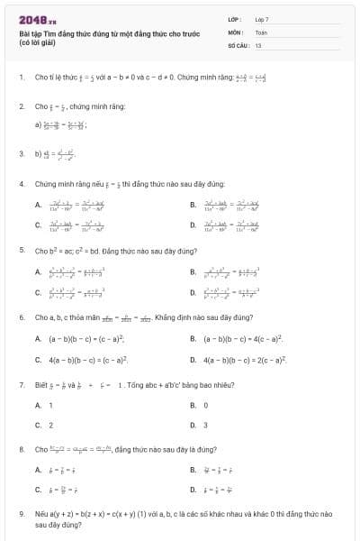 Bài tập Tìm đẳng thức đúng từ một đẳng thức cho trước (có lời giải)