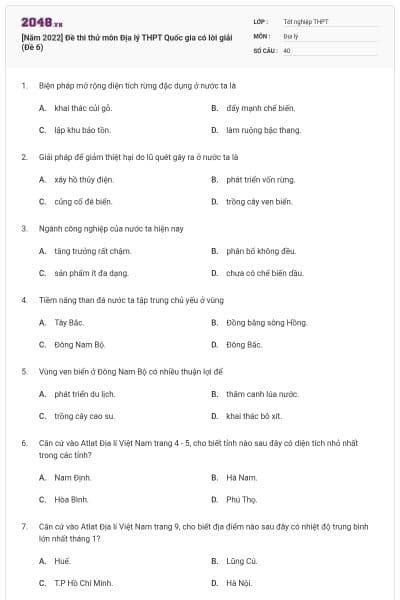 [Năm 2022] Đề thi thử môn Địa lý THPT Quốc gia có lời giải (Đề 6)