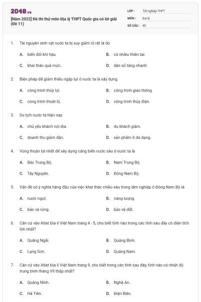 [Năm 2022] Đề thi thử môn Địa lý THPT Quốc gia có lời giải (Đề 11)