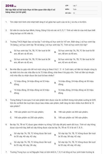 Bài tập Một số bài toán thực tế liên quan đến dãy tỉ số bằng nhau (có lời giải)