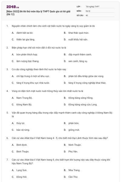 [Năm 2022] Đề thi thử môn Địa lý THPT Quốc gia có lời giải (Đề 12)