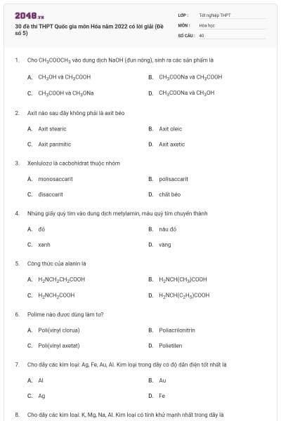 30 đề thi THPT Quốc gia môn Hóa năm 2022 có lời giải (Đề số 5)