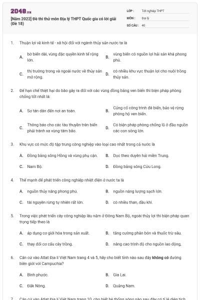 [Năm 2022] Đề thi thử môn Địa lý THPT Quốc gia có lời giải (Đề 18)