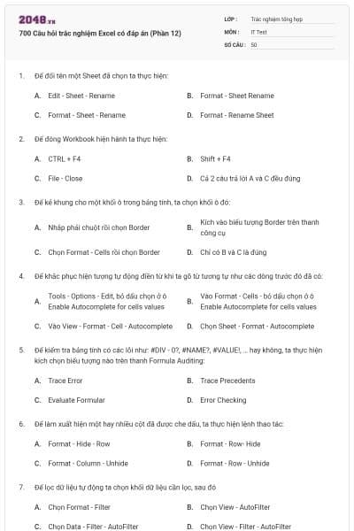 700 Câu hỏi trắc nghiệm Excel có đáp án (Phần 12)