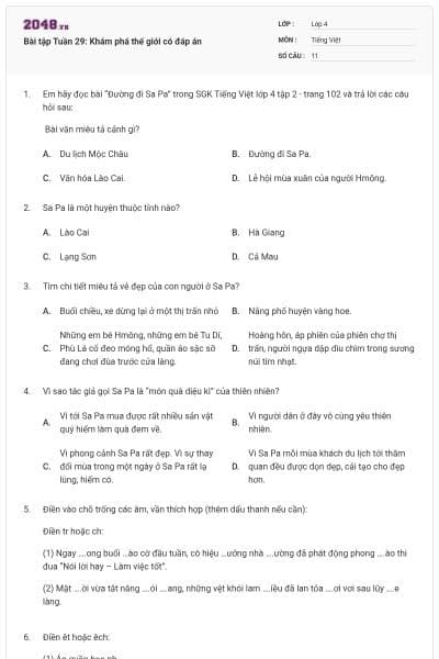 Bài tập Tuần 29: Khám phá thế giới có đáp án