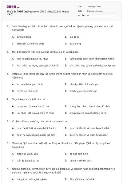 30 đề thi THPT Quốc gia môn GDCD năm 2022 có lời giải (Đề 7)