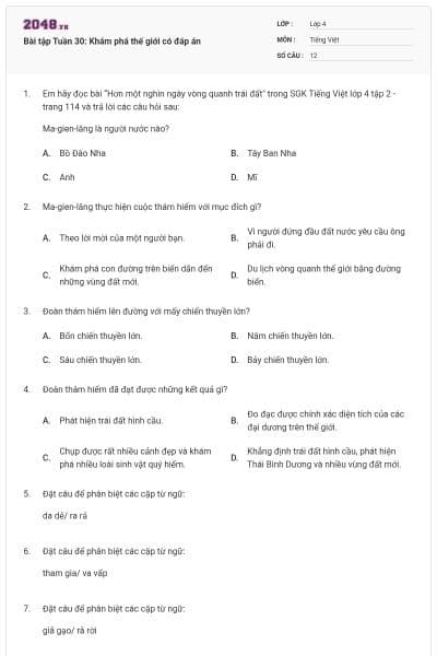 Bài tập Tuần 30: Khám phá thế giới có đáp án