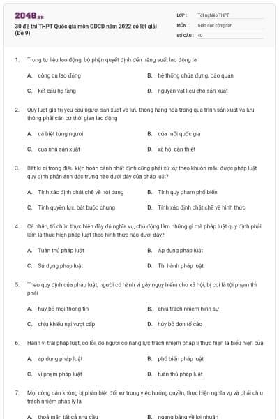 30 đề thi THPT Quốc gia môn GDCD năm 2022 có lời giải (Đề 9)
