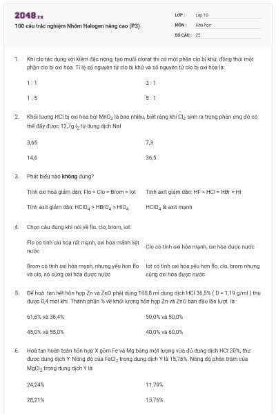 100 câu trắc nghiệm Nhóm Halogen nâng cao (P3)