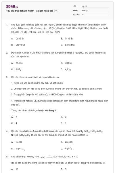 100 câu trắc nghiệm Nhóm Halogen nâng cao (P1)
