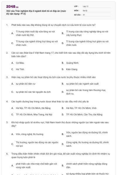 362 câu Trắc nghiệm Địa lí ngành kinh tế có đáp án (mức độ vận dụng- P13)