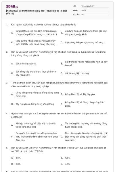 [Năm 2022] Đề thi thử môn Địa lý THPT Quốc gia có lời giải (Đề 26)