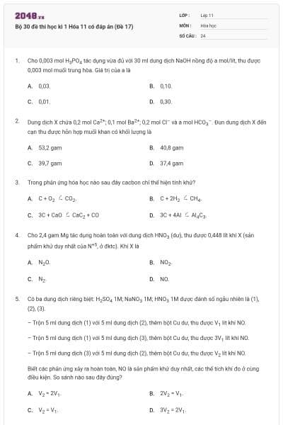 Bộ 30 đề thi học kì 1 Hóa 11 có đáp án (Đề 17)