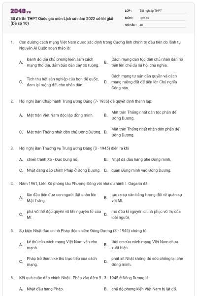 30 đề thi THPT Quốc gia môn Lịch sử năm 2022 có lời giải (Đề số 10)