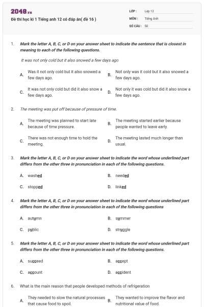 Đề thi học kì 1 Tiếng anh 12 có đáp án( đề 16 )