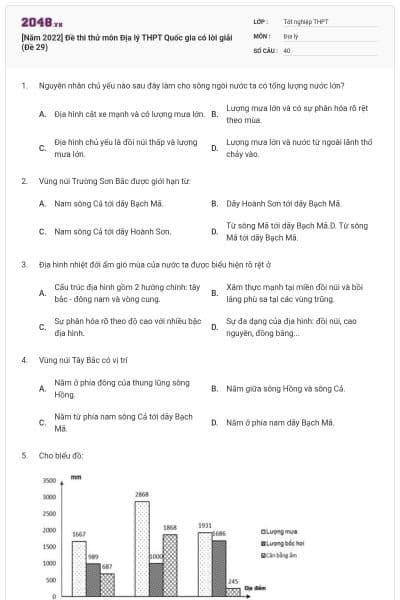[Năm 2022] Đề thi thử môn Địa lý THPT Quốc gia có lời giải (Đề 29)